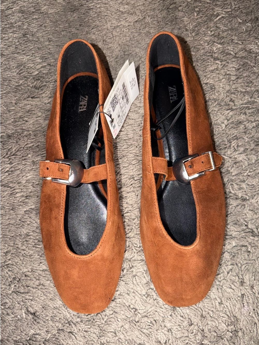 Zara Rich Warm Brown Suede Mary Jane Flats with Buckle